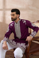 Purple Silk Blend Embroidered Mandarin Collar Straight Kurta MKU2018