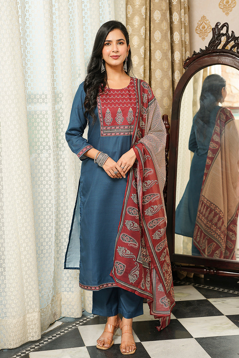 Blue Rayon Blend Ajrakh Printed Straight Kurta Trousers With Dupatta PKSKD3089