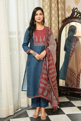 Blue Cotton Blend Ajrakh Printed Straight Kurta Trousers With Dupatta PKSKD3089