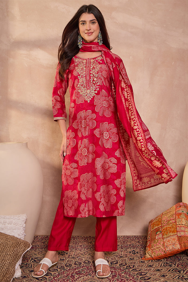 Pink  Floral Printed Straight Kurta Trouser With Dupatta VKSKD3208