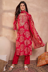 Pink Poly Silk Floral Printed Straight Kurta Trouser With Dupatta VKSKD3208