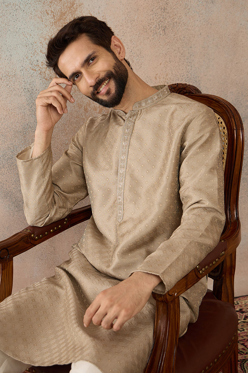 Beige Silk Blend Embroidered Solid Straight Kurta with Trousers  MKSET2326