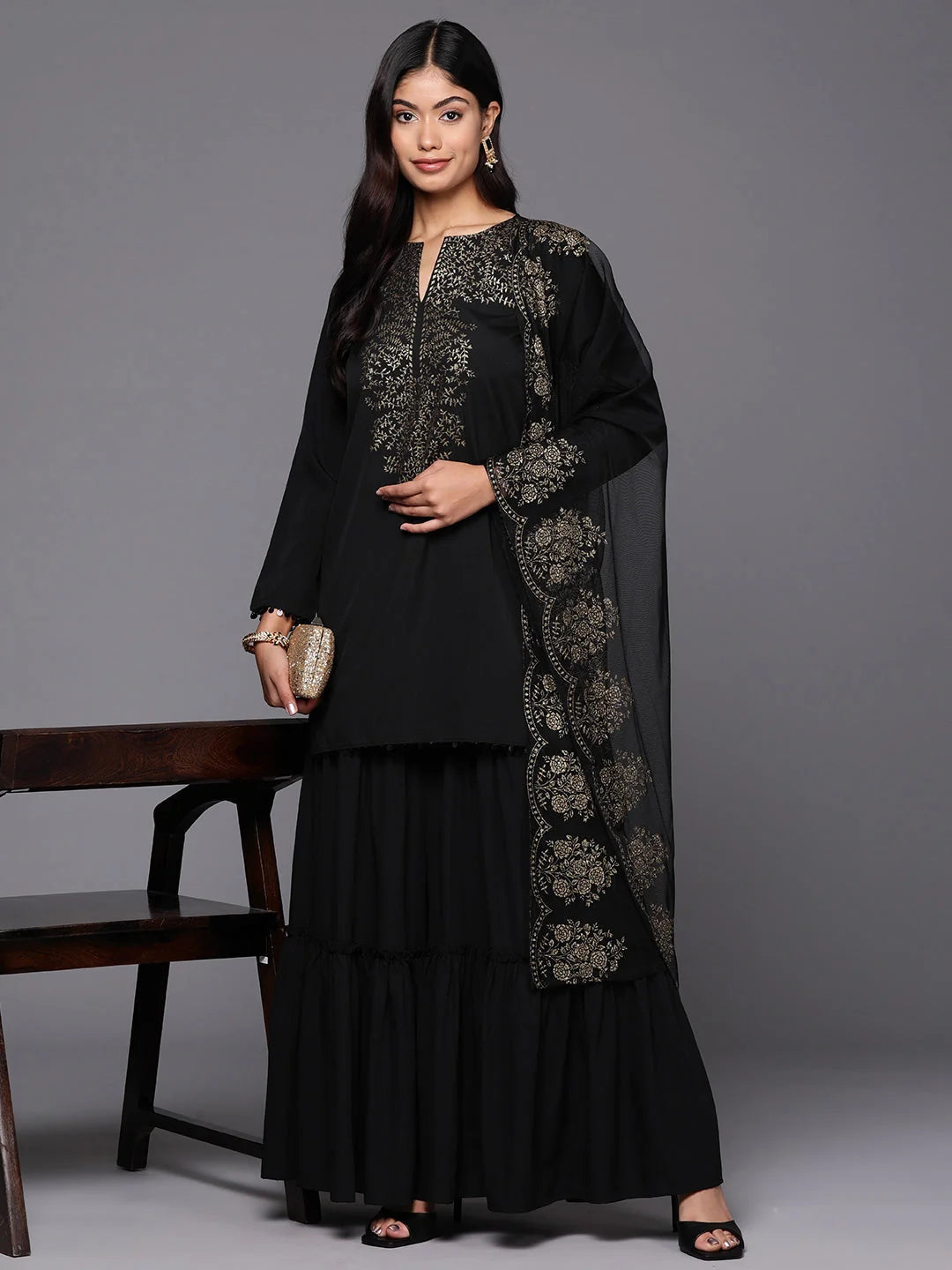 Women's Black Floral Printed Sharara set with Dupatta-AHTUDUSH-COMBO-696