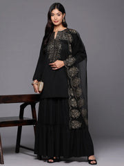 Women's Black Floral Printed Sharara set with Dupatta-AHTUDUSH-COMBO-696