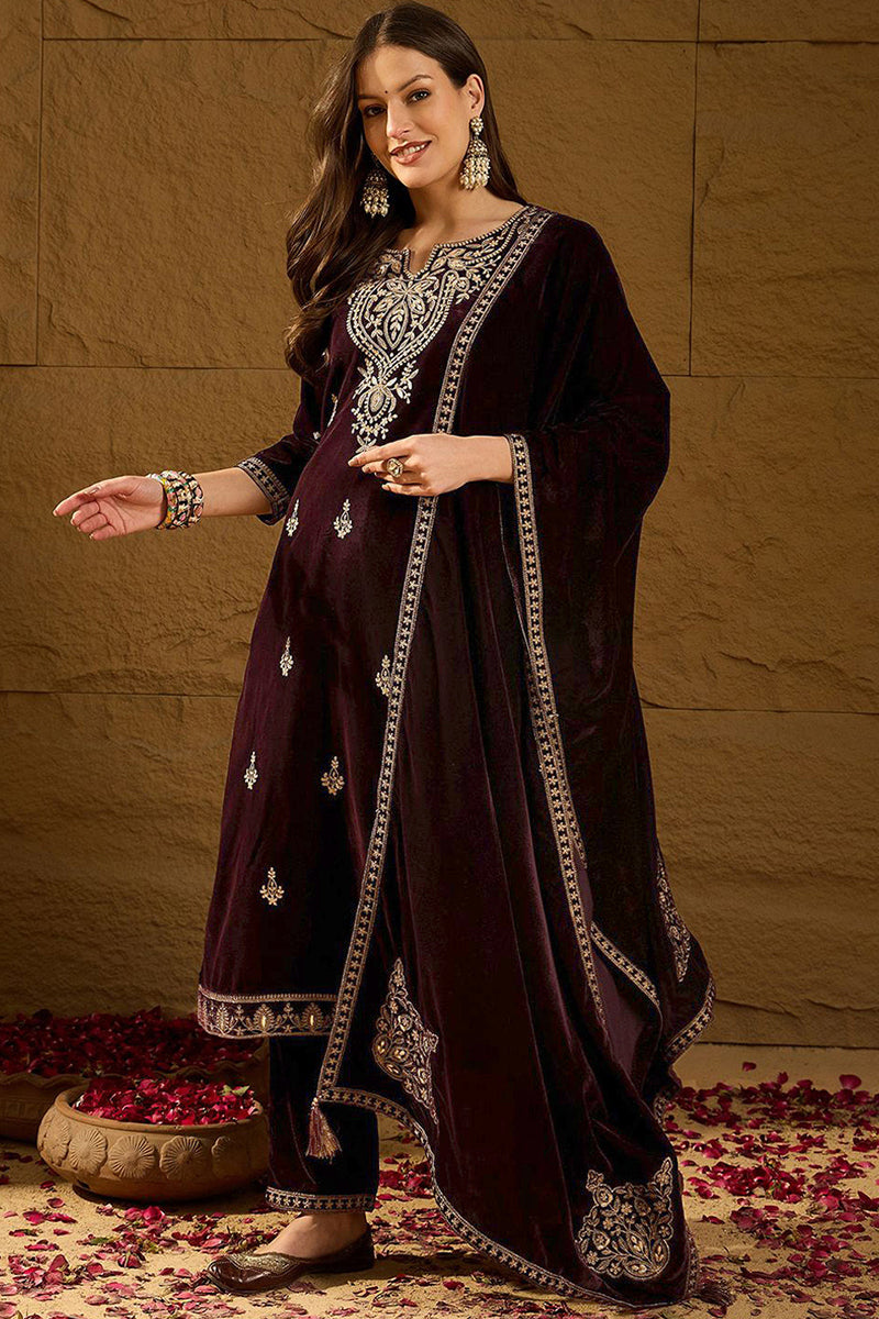 Purple Velvet Solid Embroidered Straight Trousers Suit Set PKSKD2254 |
