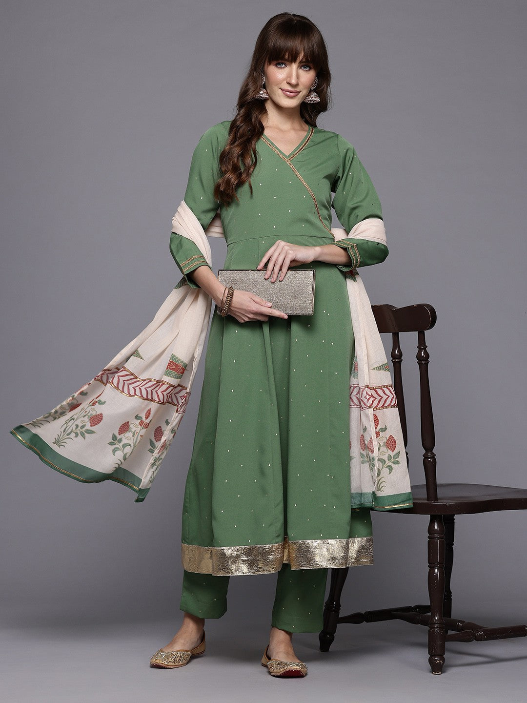 Ahalyaa Printed Angrakha Gotta Patti Kurta with Trousers & With Dupatta