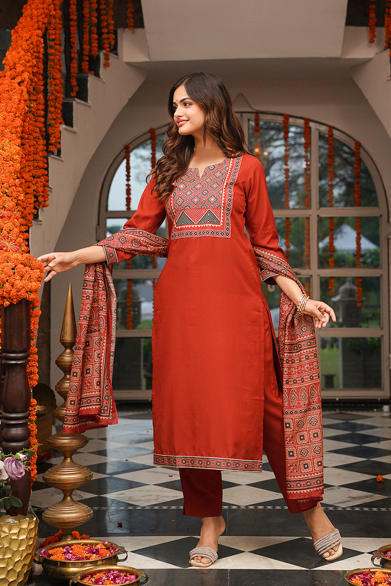 Brown Rayon Blend Ajrakh Printed Straight Kurta Trousers With Dupatta PKSKD3083