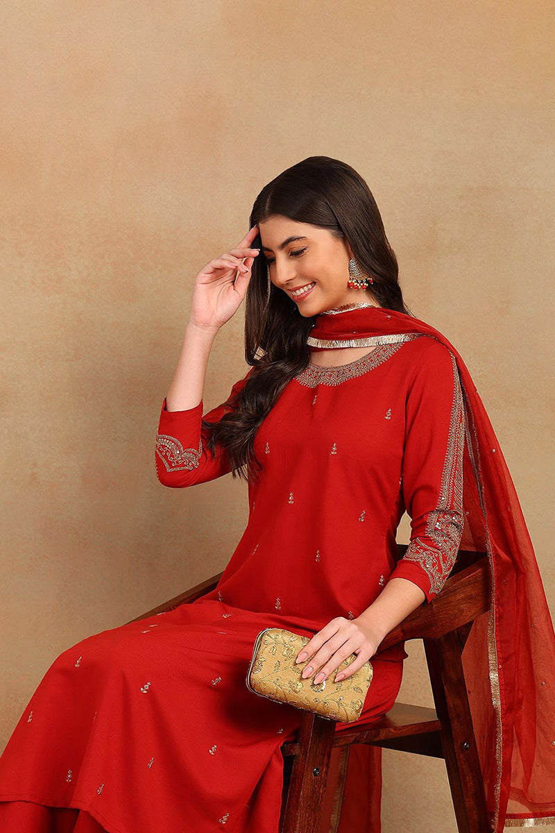 Red Silk Blend Embroidered A-Line Kurta Trouser With Dupatta HOPPKSKD2
