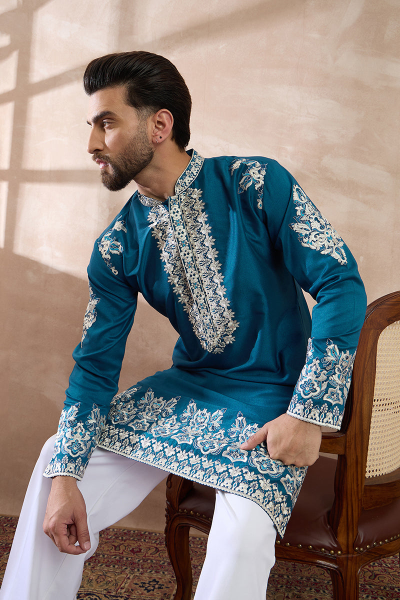 Blue Silk Blend Embroidered Mandarin Collar Straight Kurta With Trouse
