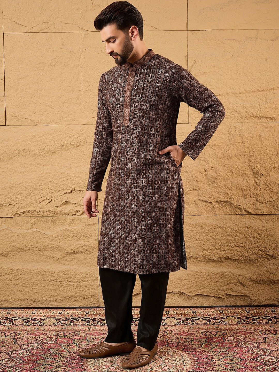 Ethnic Bay Mens Brown Viscose Rayon Ethnic Motifs Embroidered Chikankari Straight Kurta With Pant Set-MKSET1164