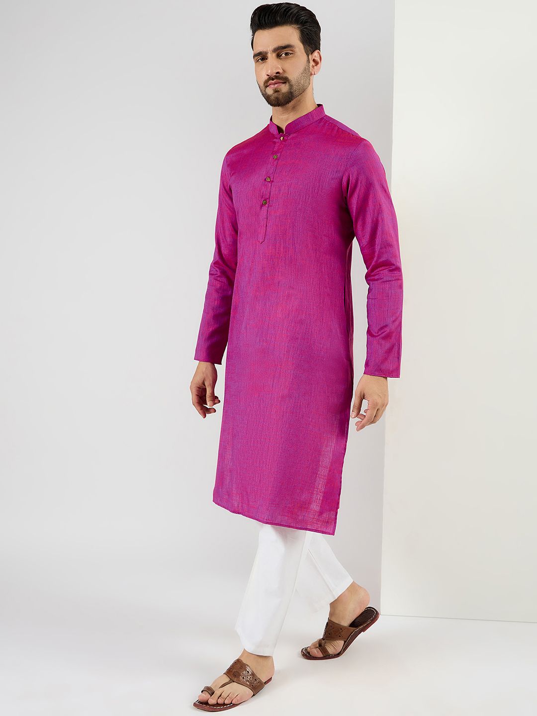 Ethnic Bay Men Pink Cotton Solid Woven Design Straight Kurta With Pant Set-MKSET1100