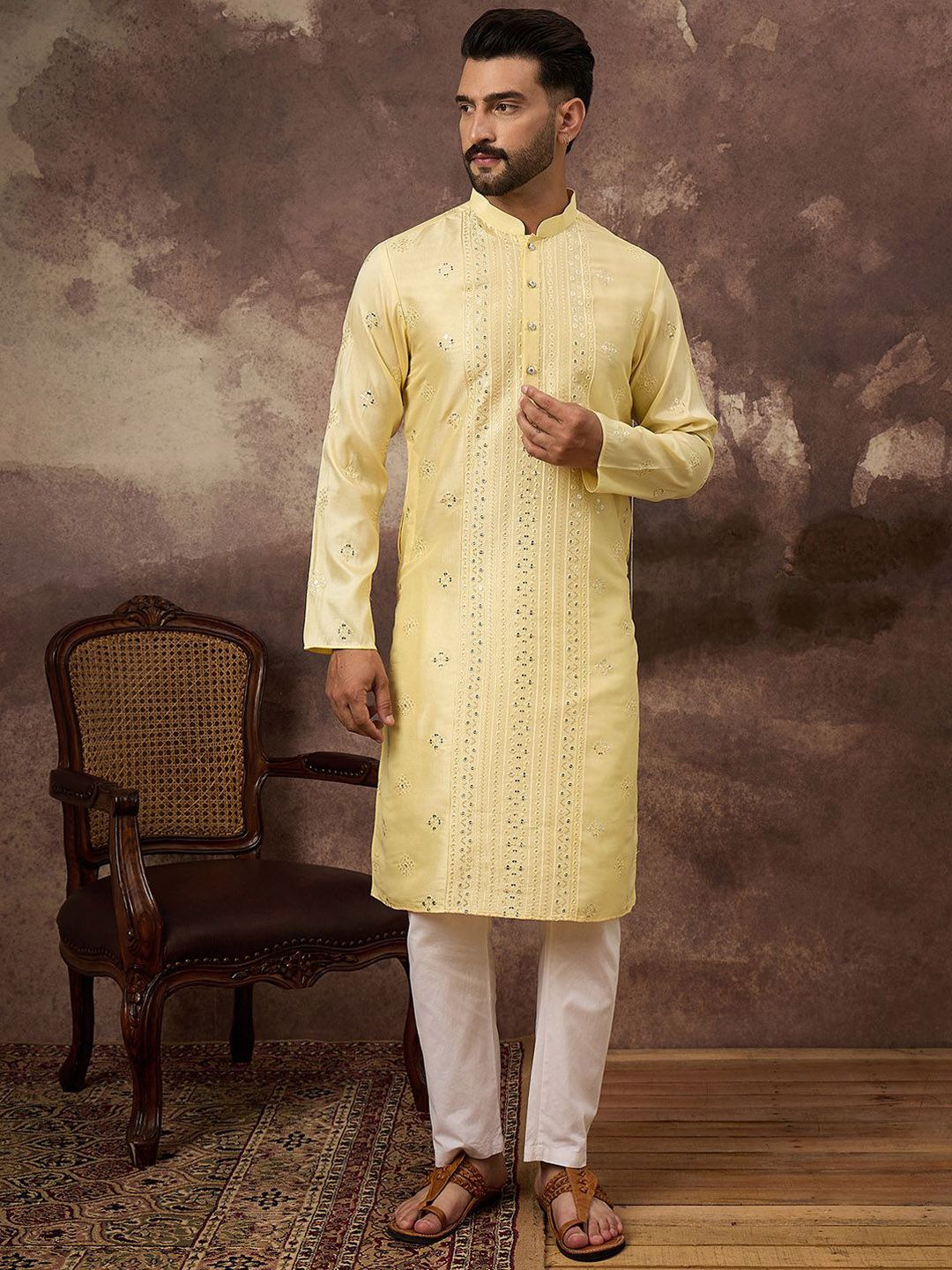 Ethnic Bay Men Yellow Silk Blend Solid Embroidered Straight Kurta With Pant Set-MKSET1364