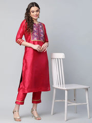 Red Art Silk Printed Kurta Pant Set-AHKUPN-COMBO-465