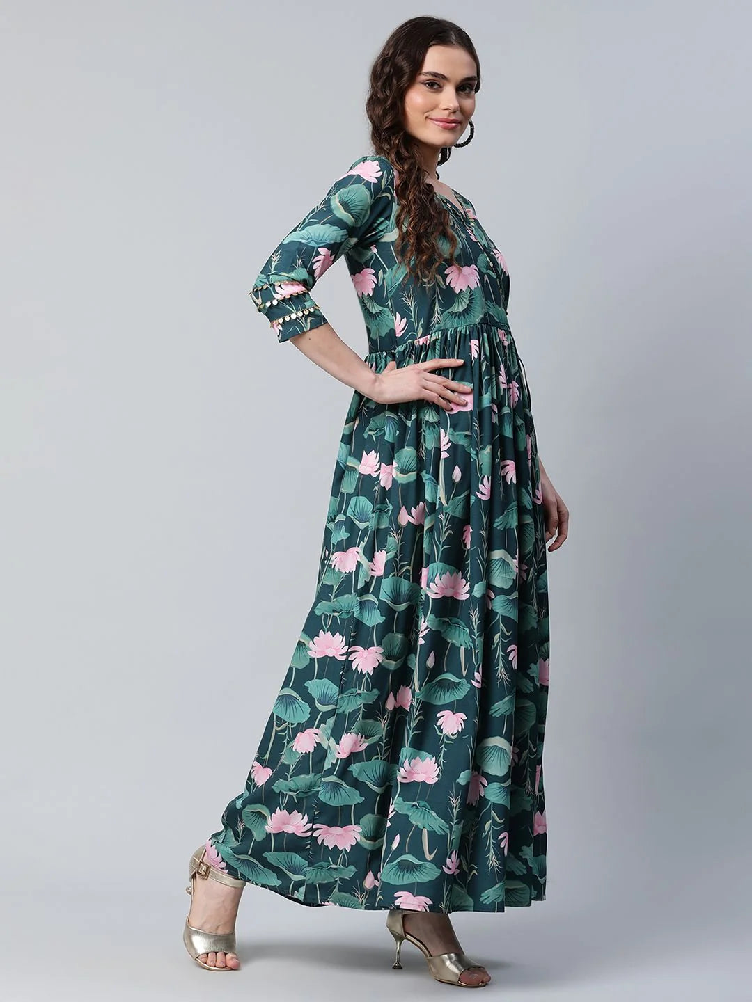 Dark Green Printed Dress - Women's Western Clothing Online