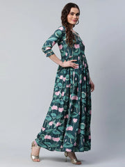 Dark Green Digital Print Flared Dress-AHDRCRDP-893