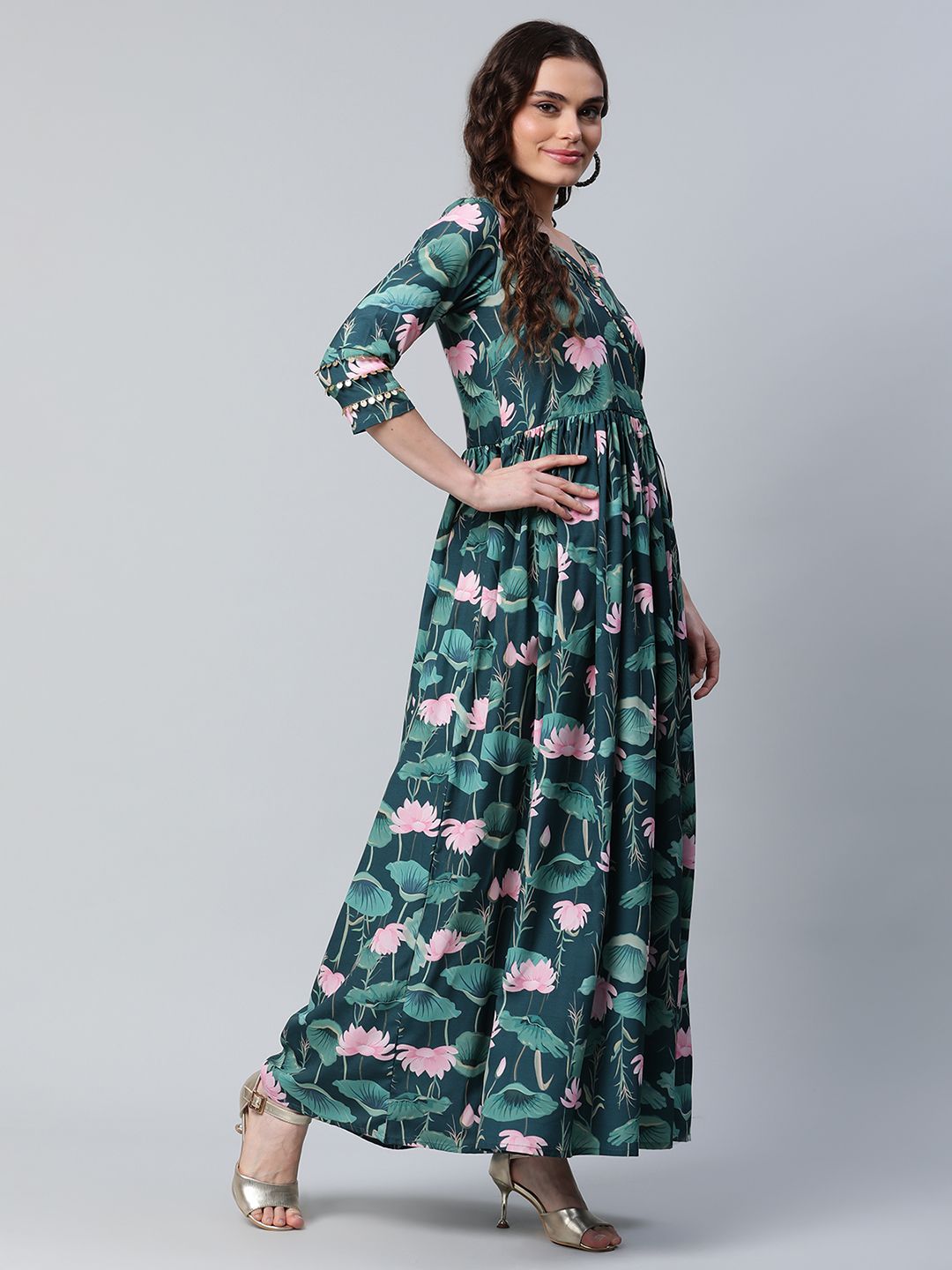 Dark Green Printed Dress - Women's Western Clothing Online