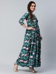 Dark Green Digital Print Flared Dress-AHDRCRDP-893