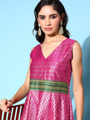 Pink Poly Silk Gold Foil Printed Dress-AHDRPSFP-929-FF