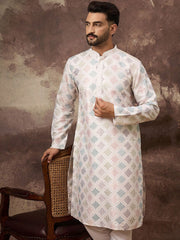 Ethnic Bay Men White Silk Blend Solid Embroidered Straight Kurta With Pant Set-MKSET1382