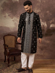 Ethnic Bay Men Black Silk Blend Solid Embroidered Straight Kurta With Pant Set-MKSET1370