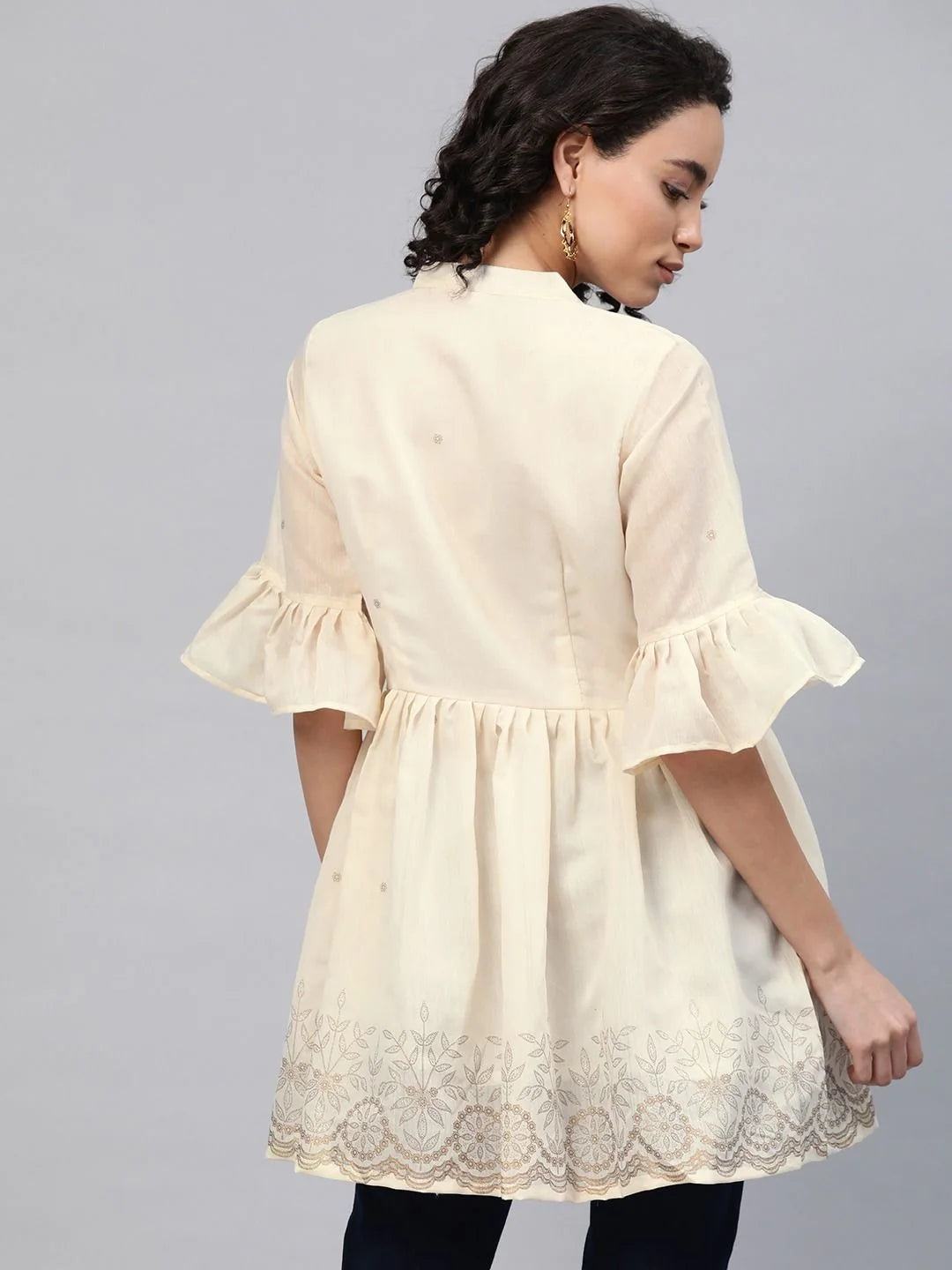 Cream Ethnic Print Tunic - Chanderi Indian Kurta for Women