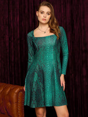 Short Flare Skater Dress In Green Snake Print