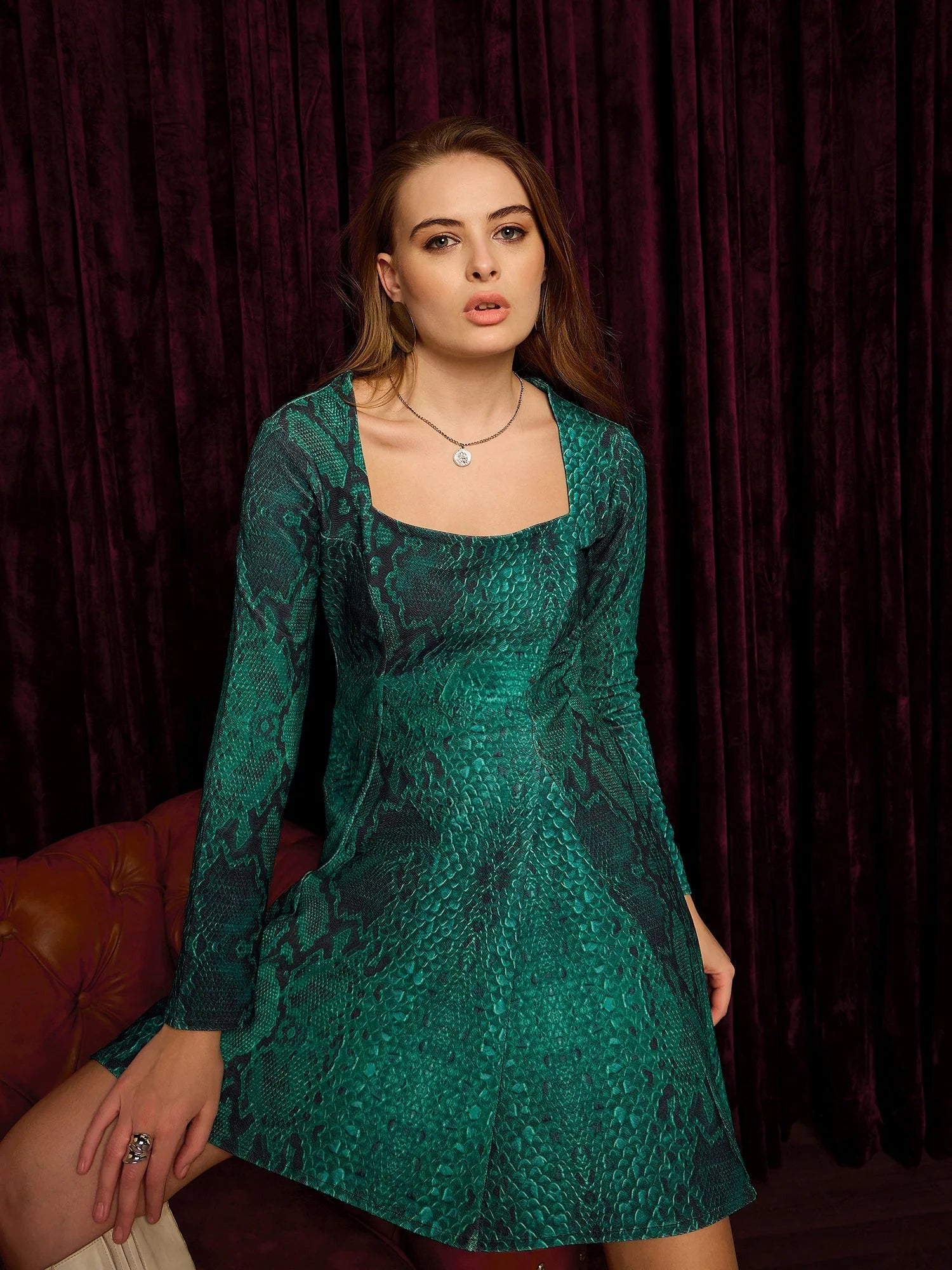 Green Snake Print Skater Dress - Women's Western Wear Online