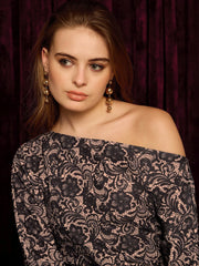 Drop Shoulder Fitted Midi Dress In Lace Print