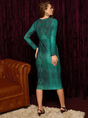 Front Cut Out Bodycon Midi Dress In Green Snake Print