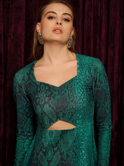 Front Cut Out Bodycon Midi Dress In Green Snake Print