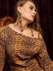 Drop Shoulder Fitted Midi Dress In Snake Print