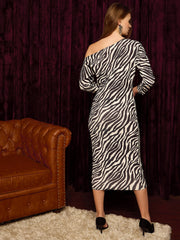 Drop Shoulder Fitted Midi Dress In Zebra Print
