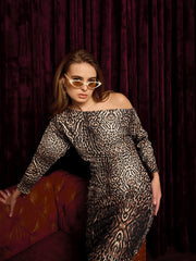 Drop Shoulder Fitted Midi Dress In Cheetah Print