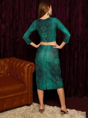 Front Twist Crop Top With Pencil Skirt In Green Snake Print
