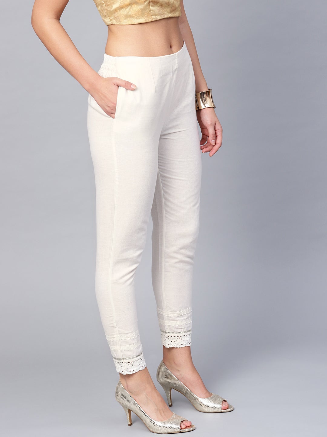White Solid Cotton Flex Slim Fit Women Pants With One Pocket | DesiQlo