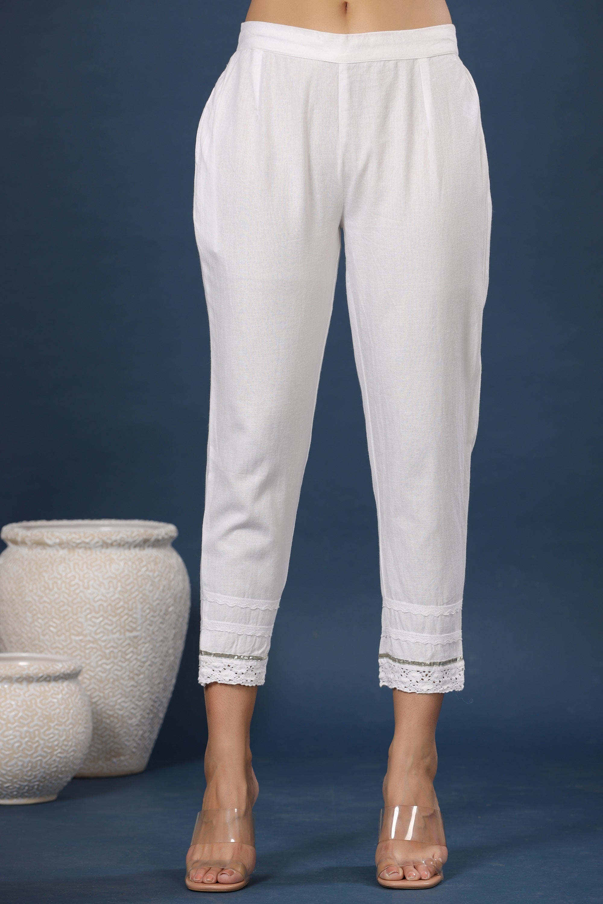 White Solid Cotton Flex Slim Fit Women Pants With One Pocket | DesiQlo