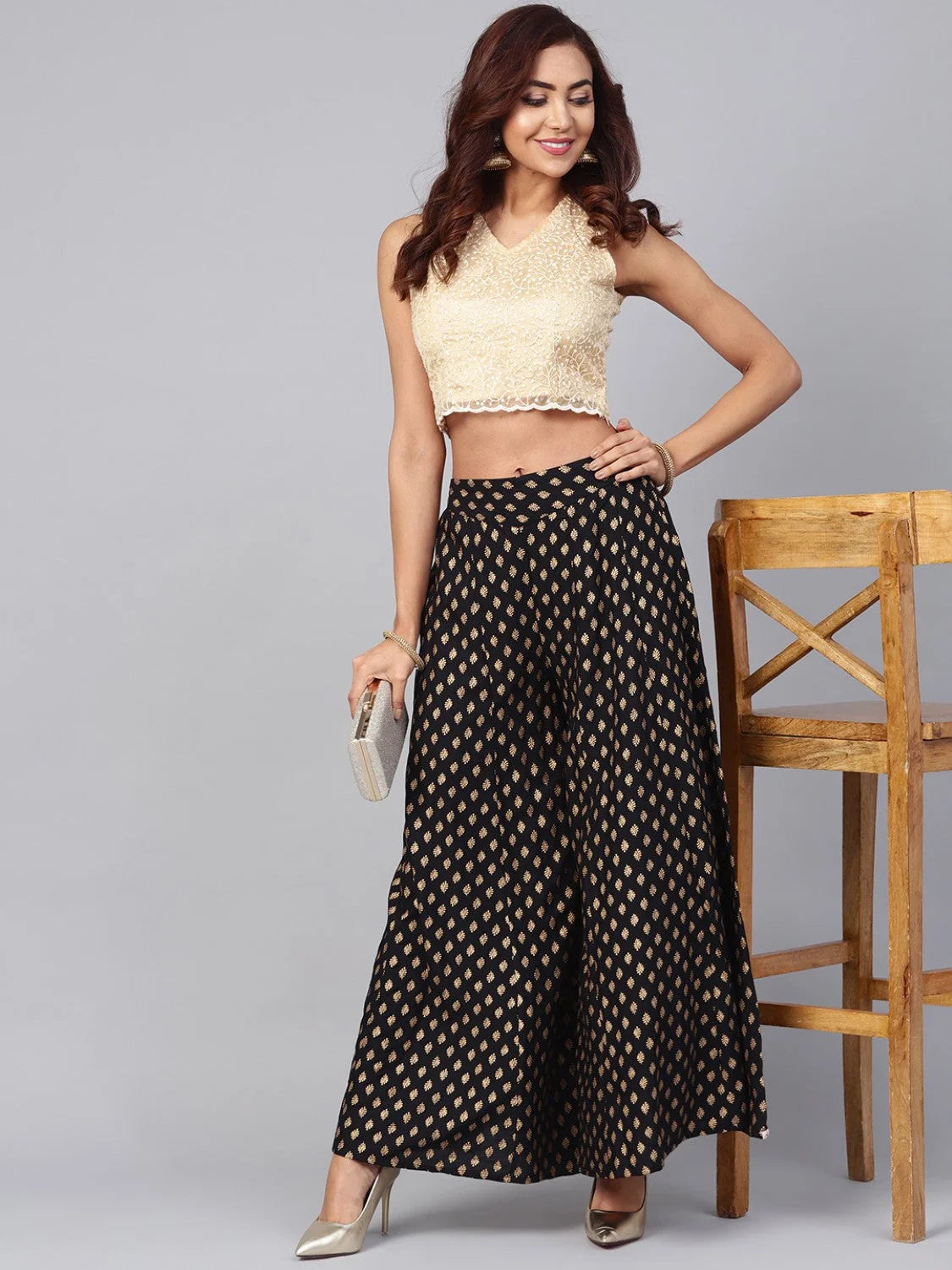 Black Ethnic Print Palazzo Pants - Wide Leg Women's Rayon Trou...