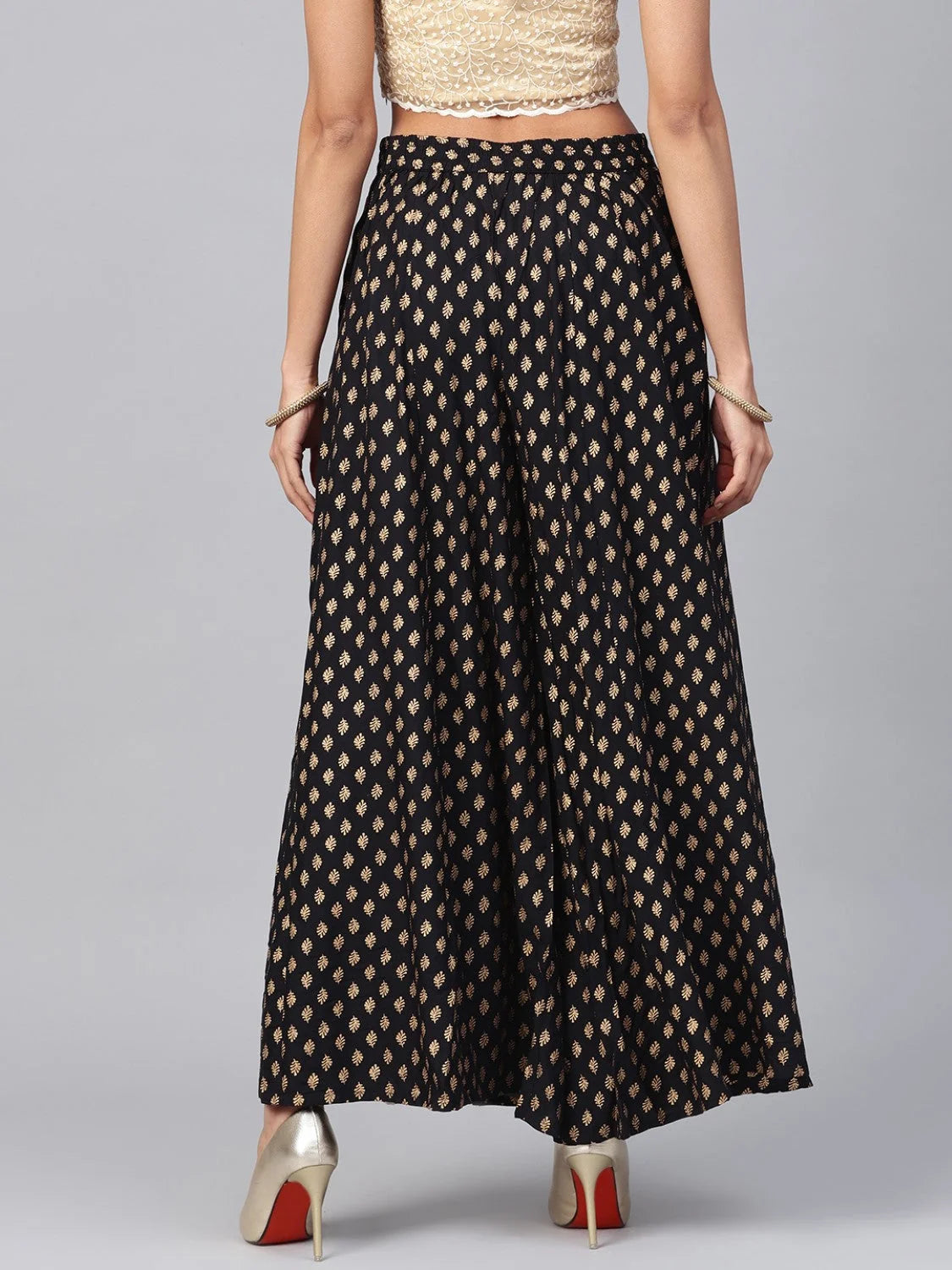 Black Ethnic Print Palazzo Pants - Wide Leg Women's Rayon Trou...