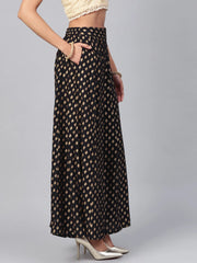 Black Ethnic Motif Printed Rayon Flared Women Palazzo With One Pocket-8003AEIBLACK