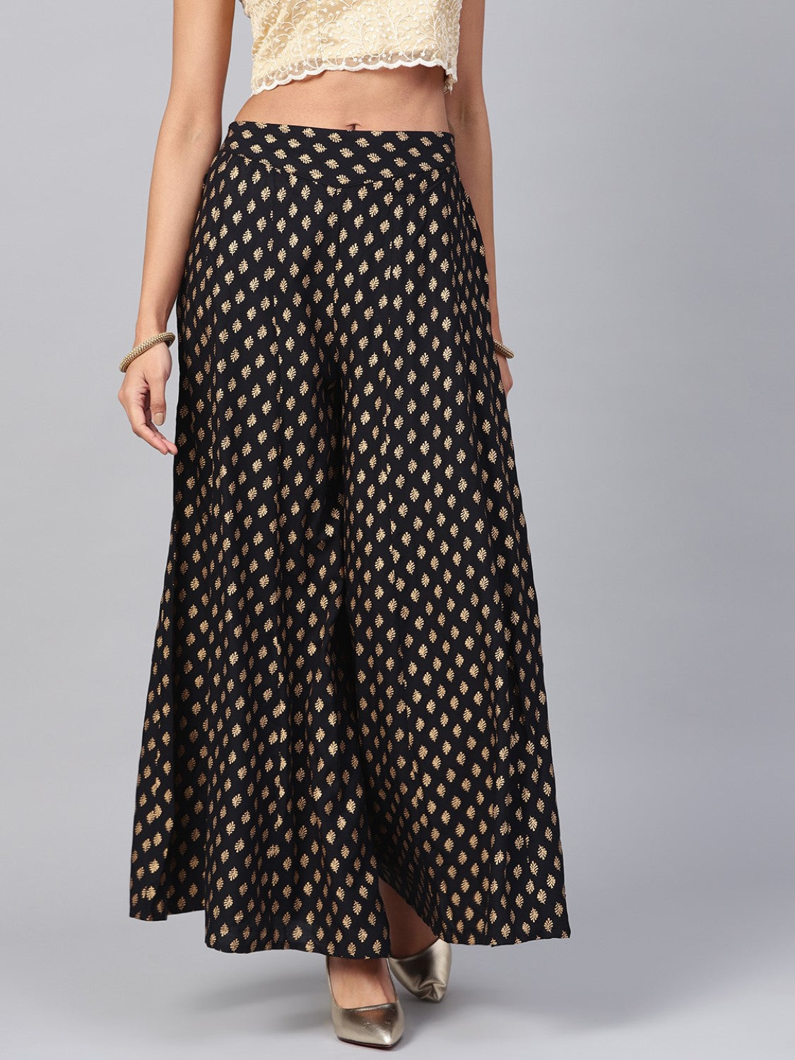 Black Ethnic Print Palazzo Pants - Wide Leg Women's Rayon Trou...