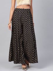 Black Ethnic Motif Printed Rayon Flared Women Palazzo With One Pocket-8003AEIBLA