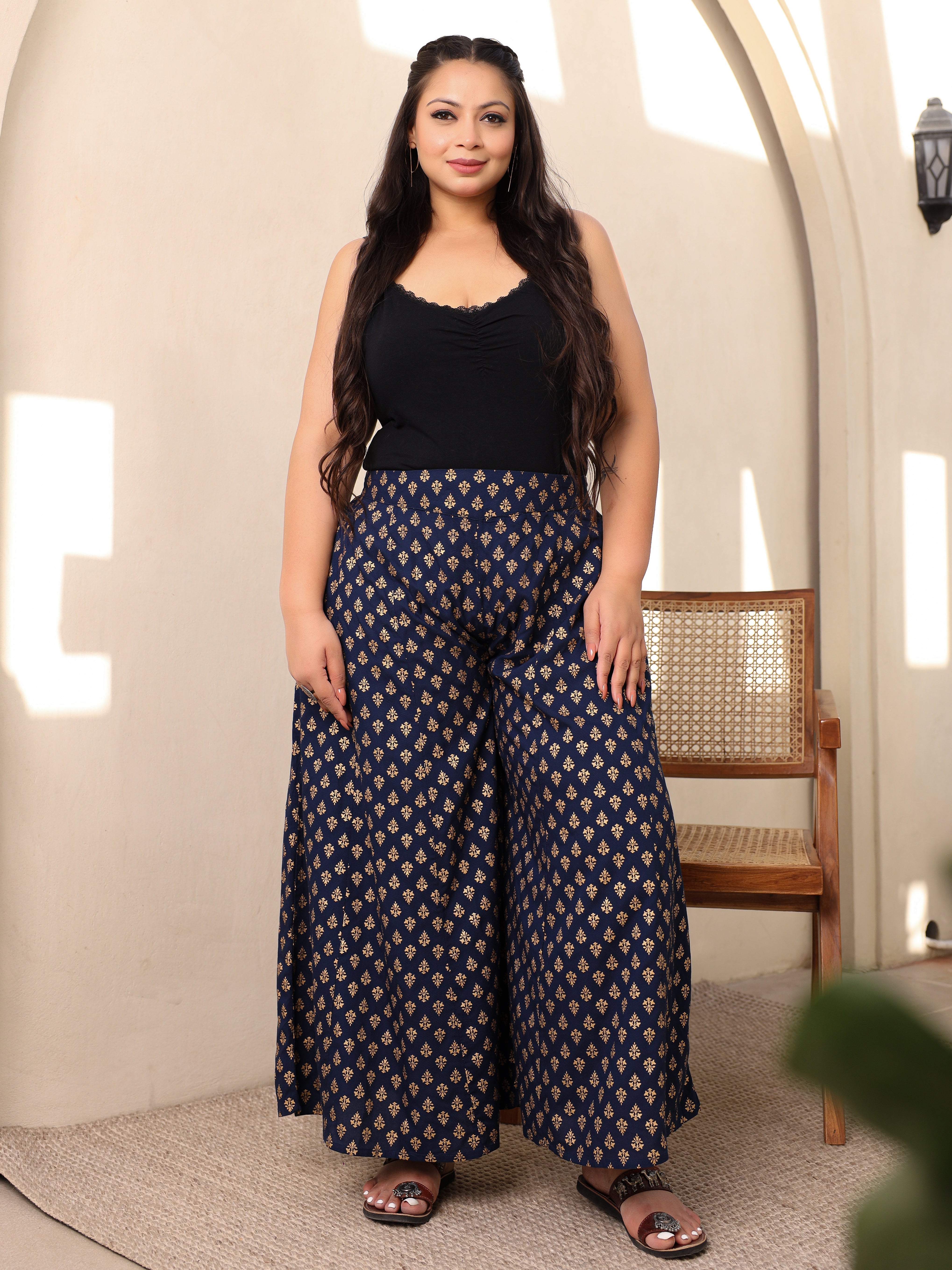 Navy Blue Ethnic Motif Printed Rayon Flared Women Palazzo With One Poc