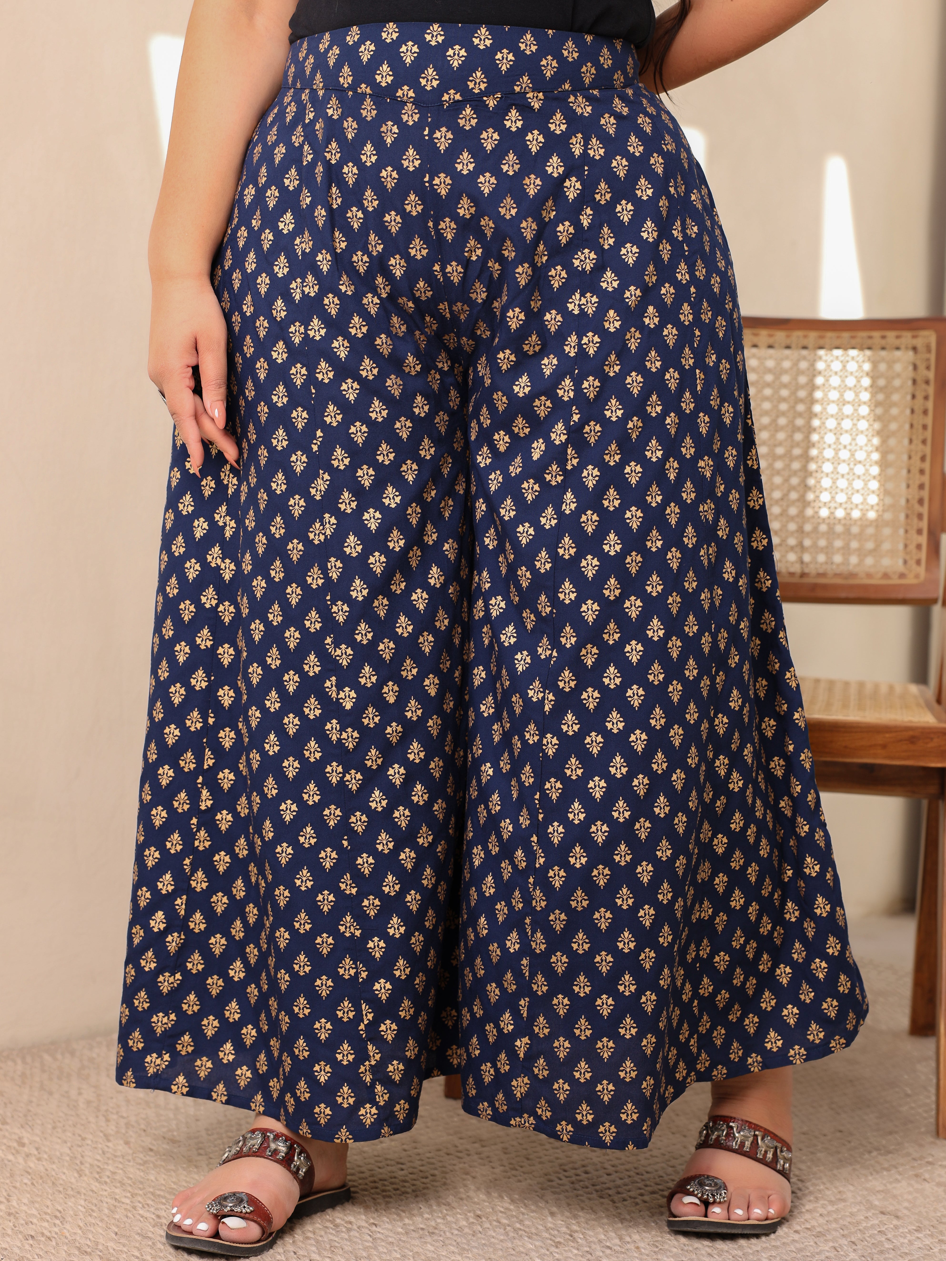 Navy Blue Ethnic Motif Printed Rayon Flared Women Palazzo With One Poc