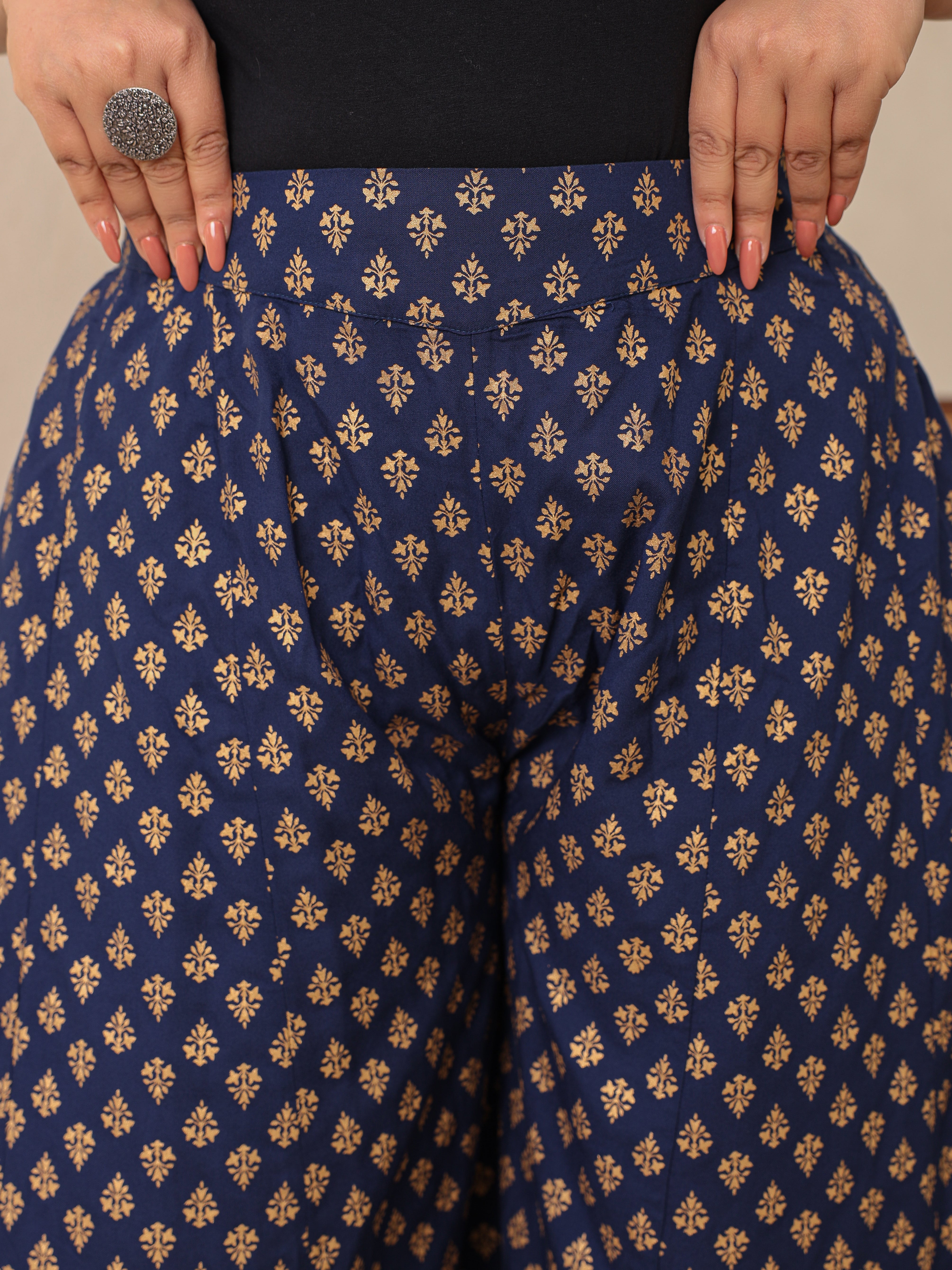 Navy Blue Ethnic Motif Printed Rayon Flared Women Palazzo With One Poc