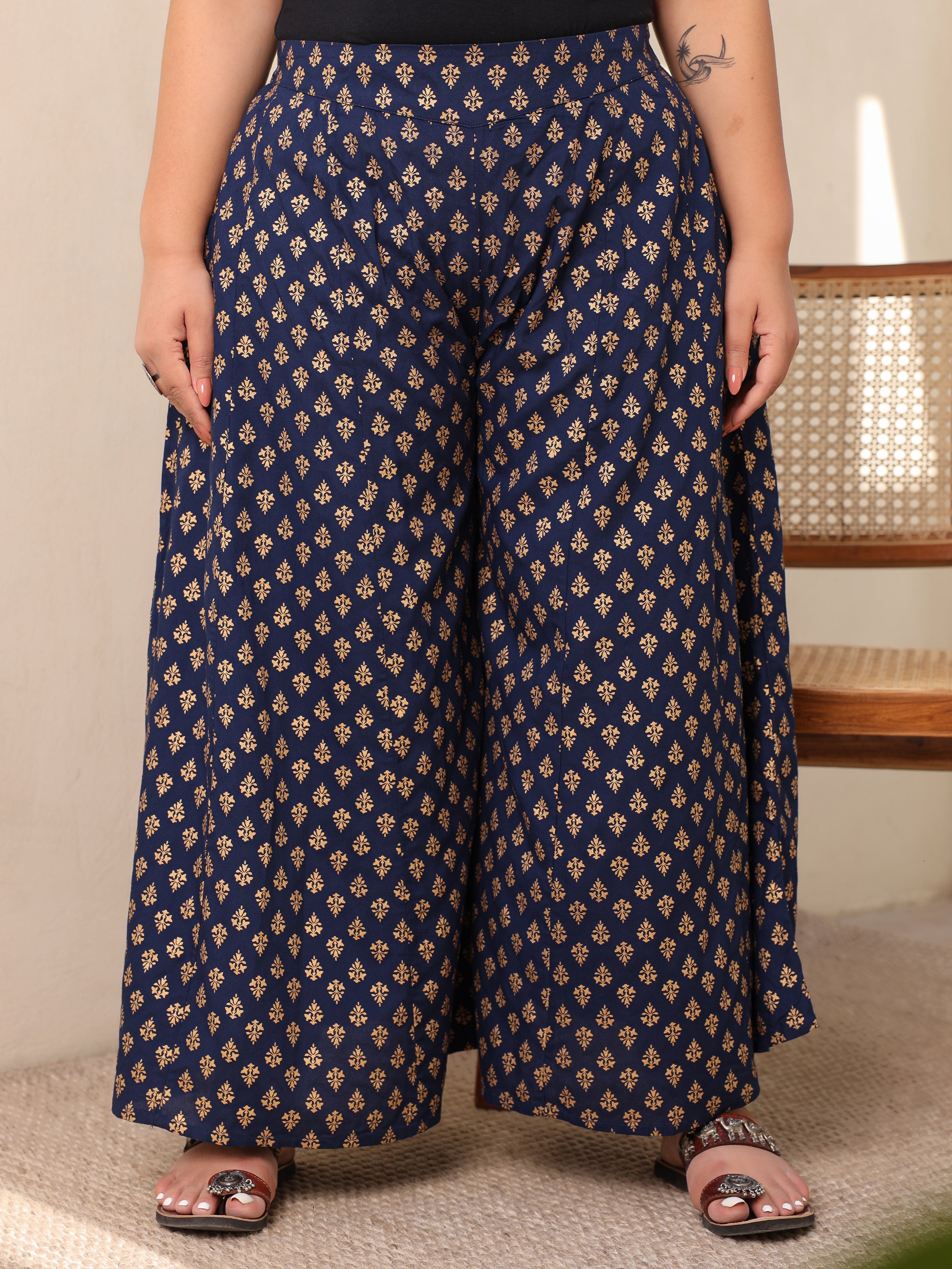 Navy Blue Ethnic Motif Printed Rayon Flared Women Palazzo With One Poc