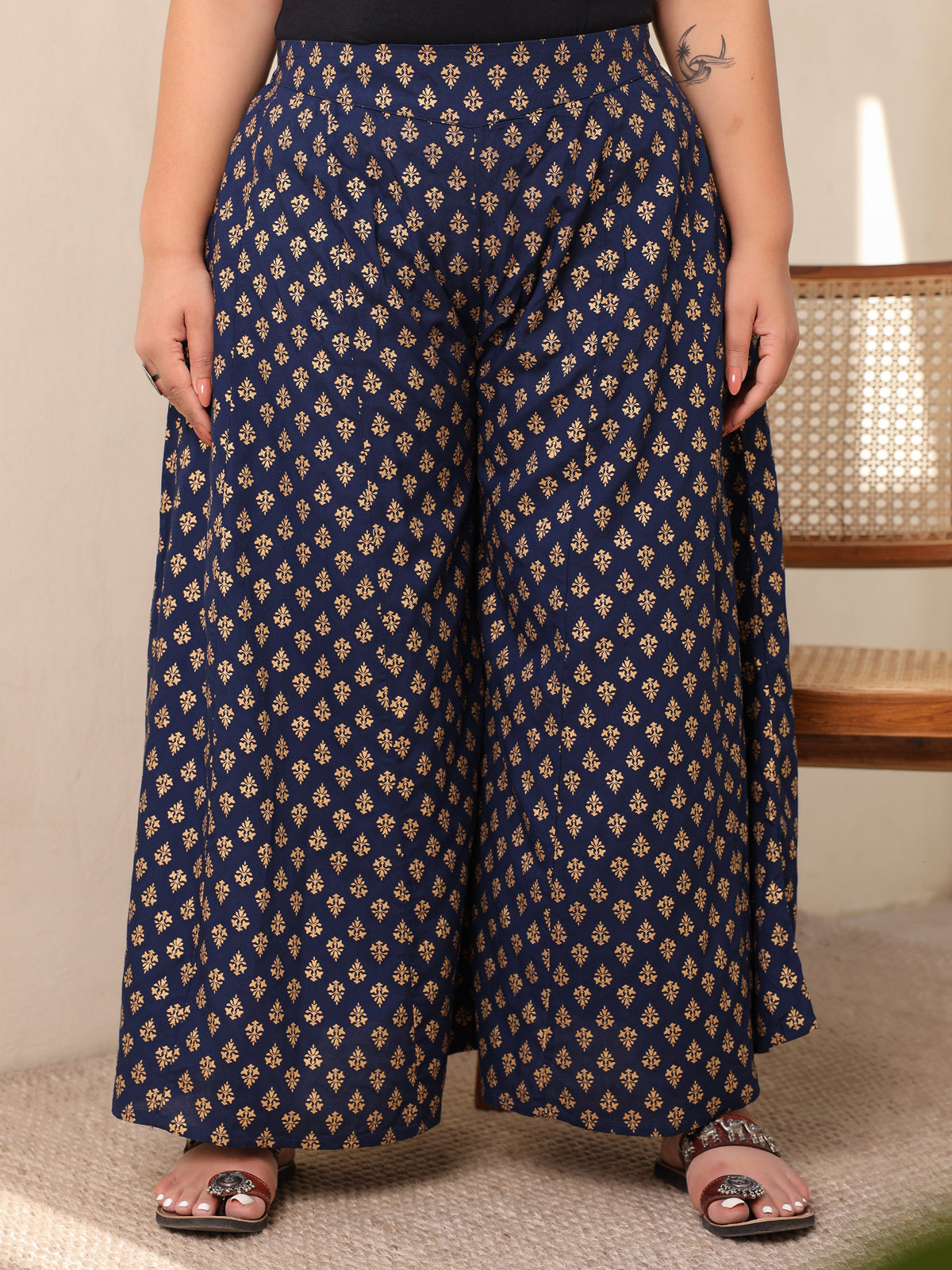 Juniper Navy Blue Ethnic Motif Printed Rayon Flared Women Palazzo With One Pocket