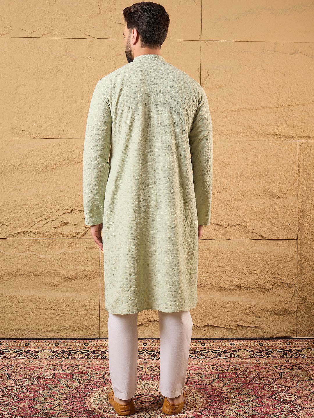 Ethnic Bay Men Green Rayon Blend Solid Embroidered Straight Kurta With Pant Set-MKSET1231