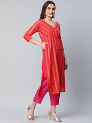 Red Striped Kurta with Trousers-AHKUPN-COMBO-436