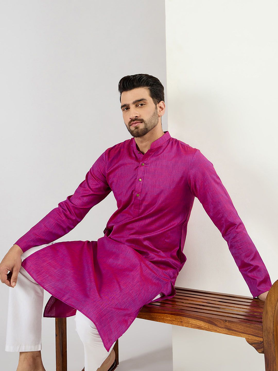 Ethnic Bay Men Pink Cotton Solid Woven Design Straight Kurta With Pant Set-MKSET1100