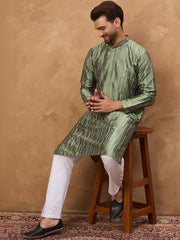 Ethnic Bay Men Green Silk Blend Solid Embroidered Straight Kurta With Pant Set-MKSET1439
